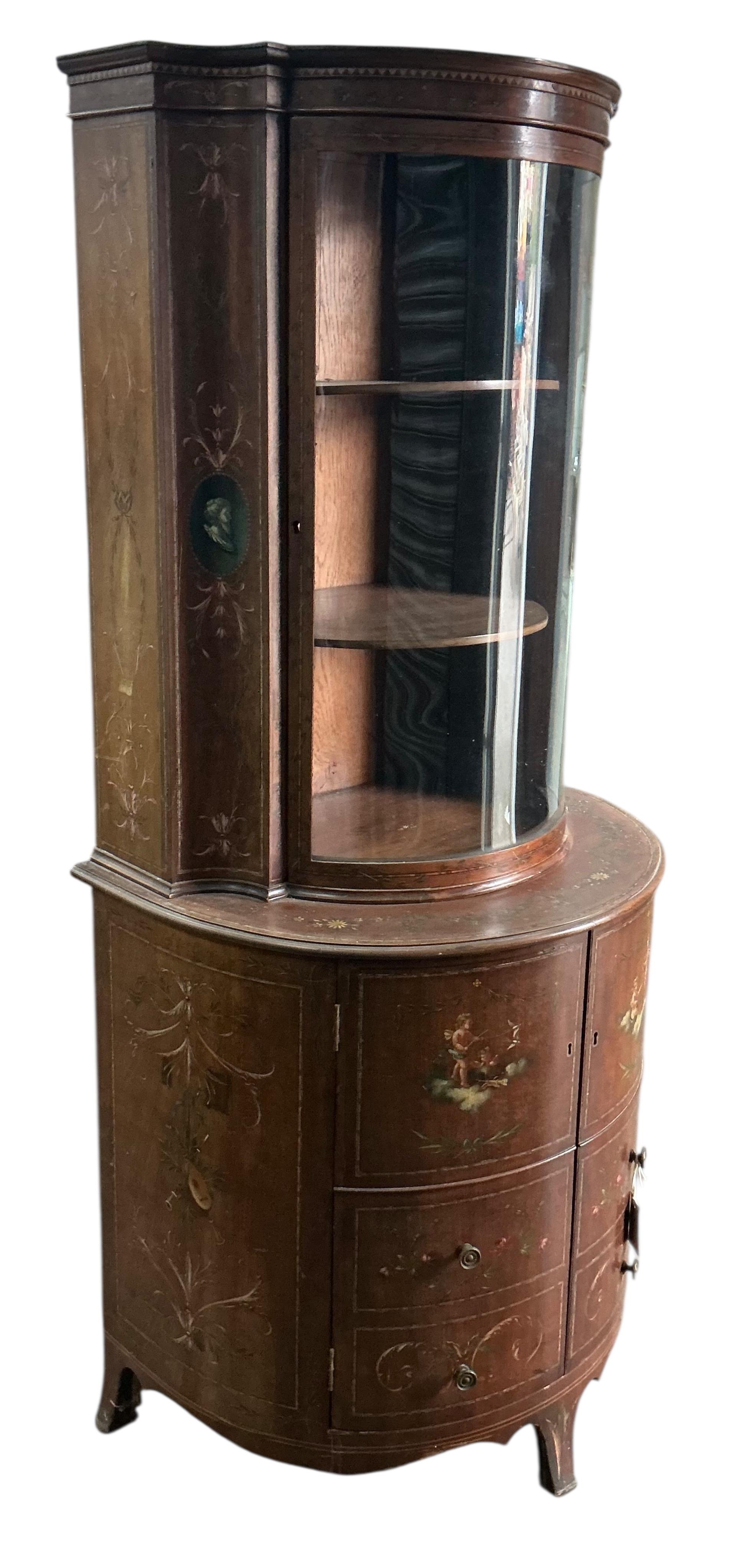 An Edwardian Sheraton Revival painted mahogany bow front display cabinet, width 70cm, depth 48cm, height 158cm